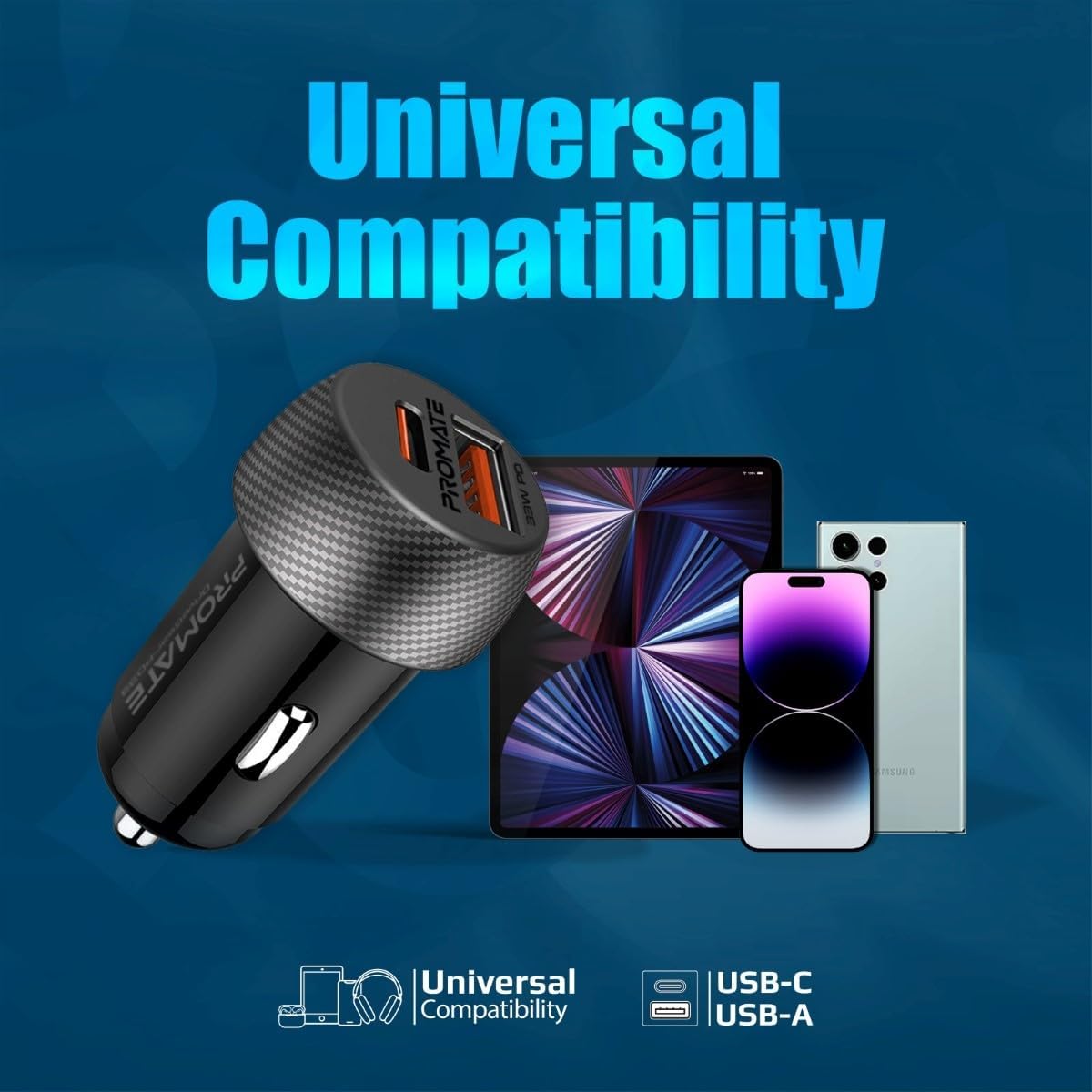 Promate 33W USB-C Car Charger, Super-Mini Fast USB Type-C.