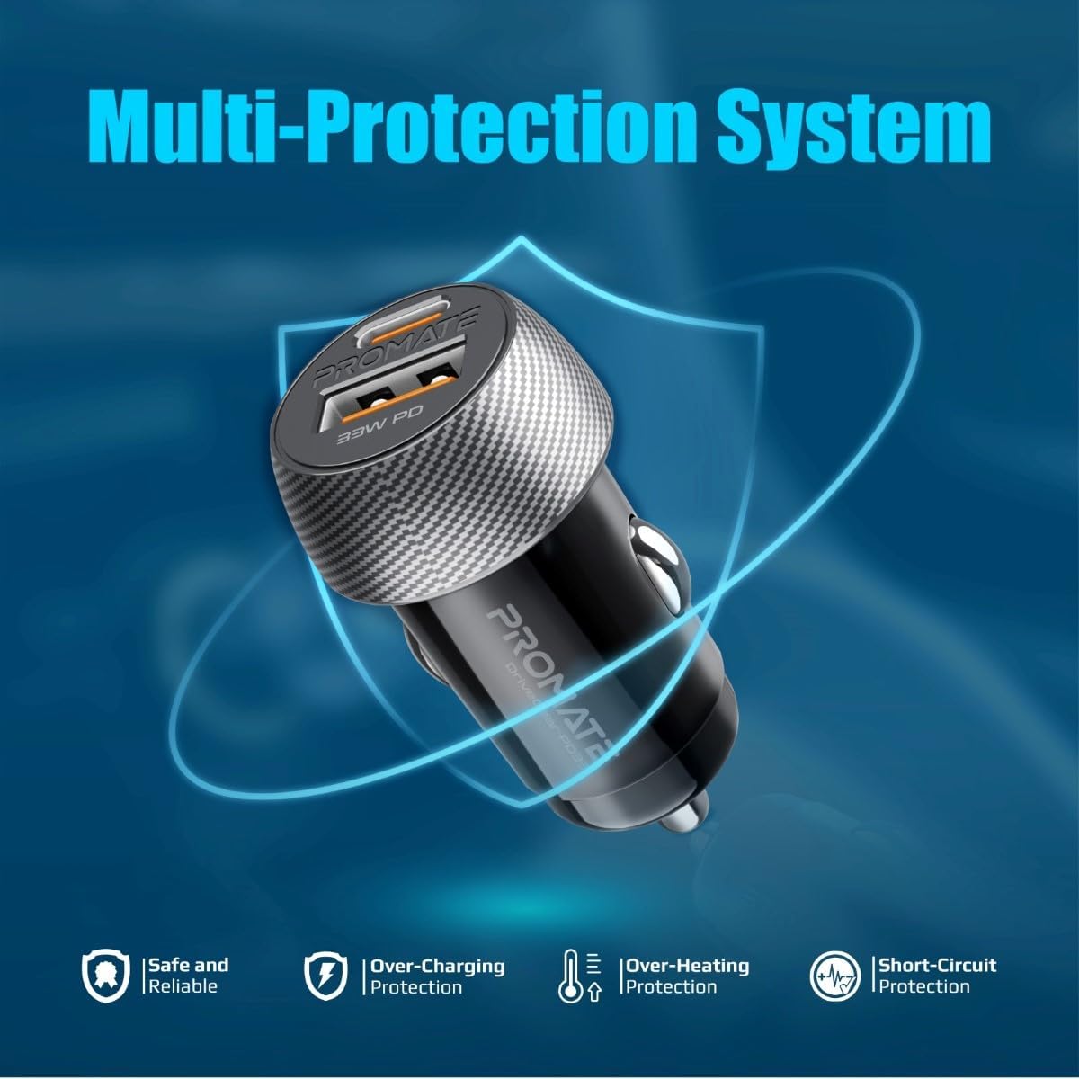 Promate 33W USB-C Car Charger, Super-Mini Fast USB Type-C.