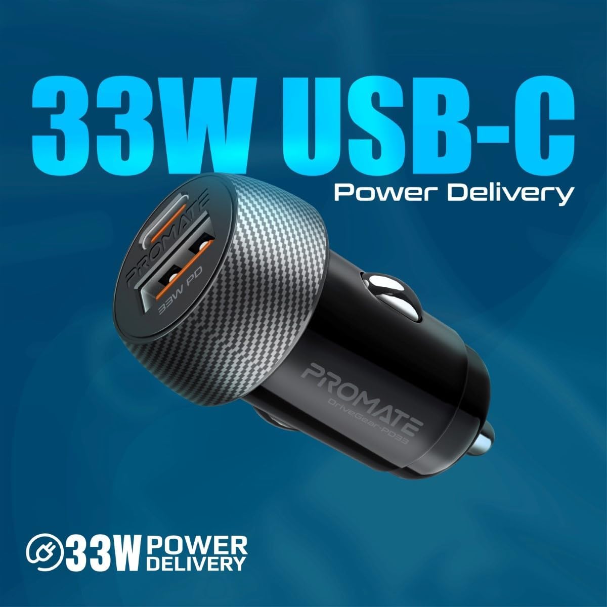 Promate 33W USB-C Car Charger, Super-Mini Fast USB Type-C.