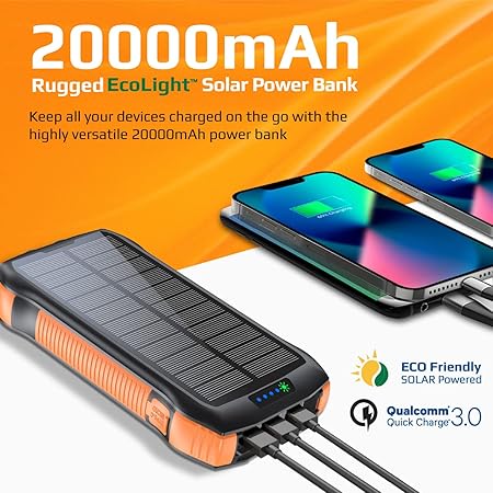 Promate 20000mAh Power Bank, Solar Powered Portable Charger