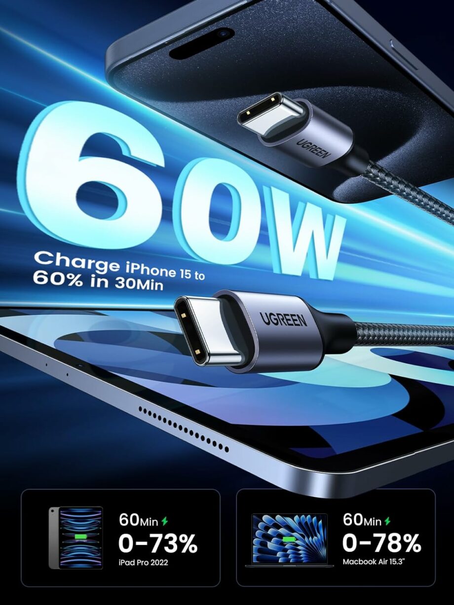 Ugreen 60W USB-C to USB-C Charging Cable, 2M.