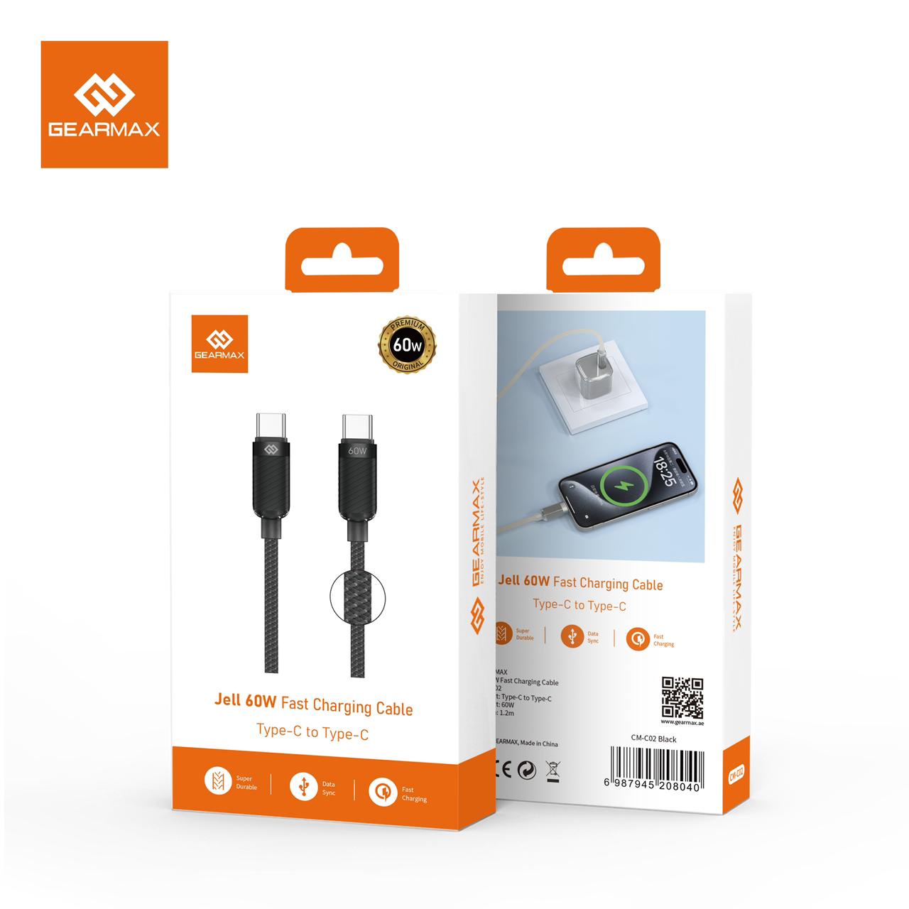 كابل شحن سريع GEARMAX Jell 60 وات، من النوع C إلى النوع C، أسود
