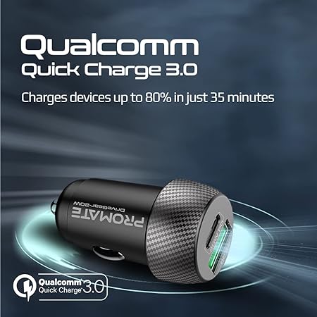 Promate 20W USB-C Car Charger, Super-Mini Fast USB Type-C.