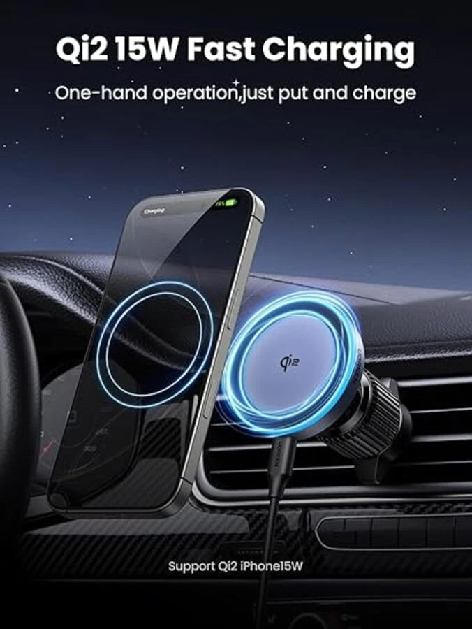 UGREEN Qi2 Wireless Car Charger, 15W Fast Charging Strong Magnetic Car Phone Holder with LED Light for iPhone